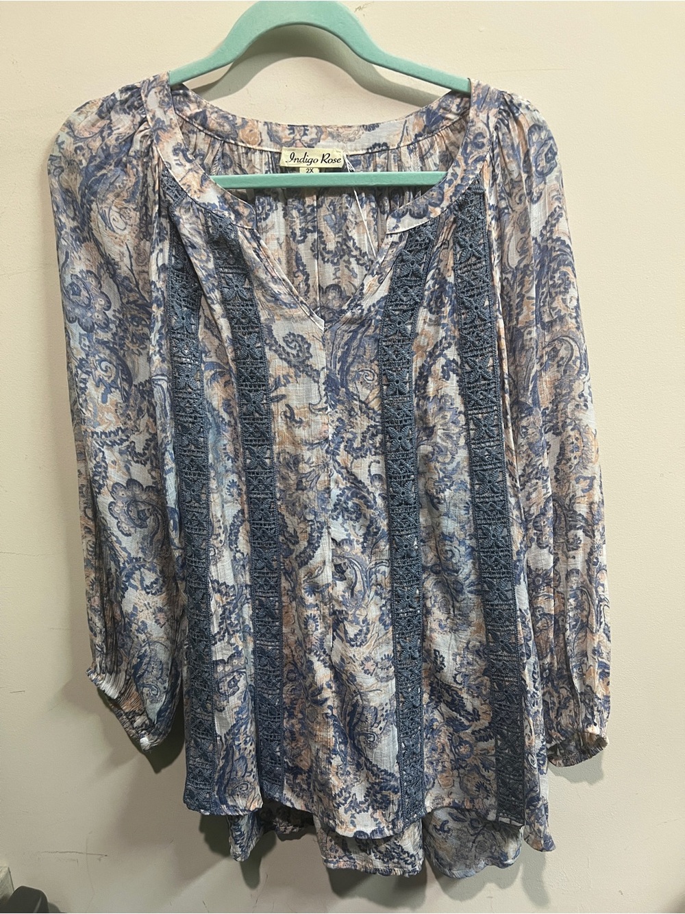 Indigo Rose Blue Paisley Lace-Trim Blouse